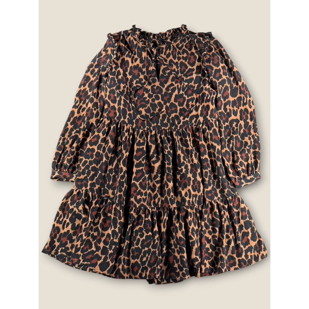J.Crew Leopard Print Tiered Mini Dress Brown Black XS Ruffle Neck Long Sleeve